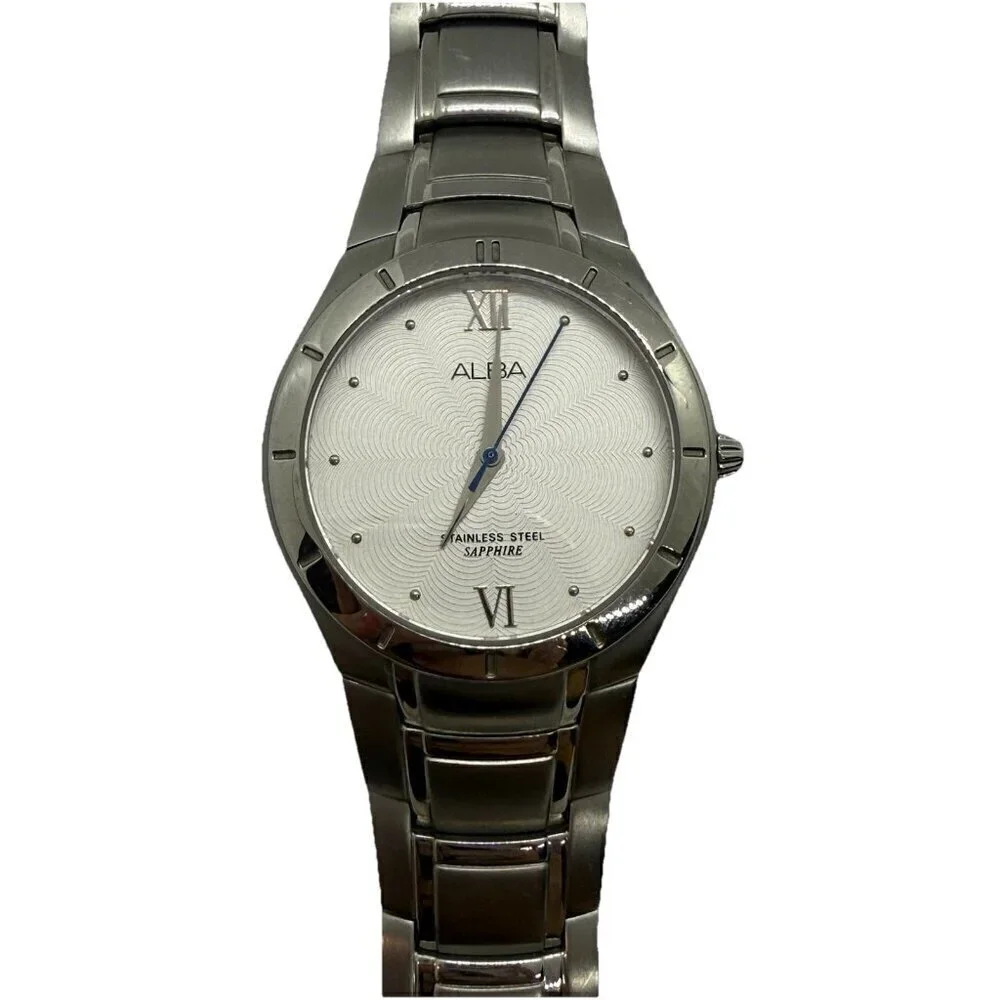 Alba Sapphire VX51-X426 Silver Tone Round Mens Watch Stainless Steel Band Roman